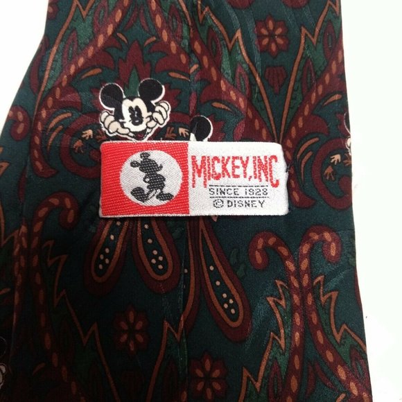 Vintage Disney Mickey Mouse 100% Silk Neck Tie Paisley Red Green Hand Made - Picture 4 of 6